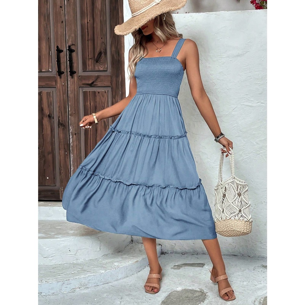 boho shirred bust Frill Trim tiered Cami midi Dress square blush pink - Picture 6 of 9